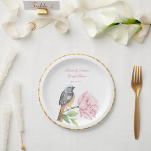 Assiettes En Carton Aquarelle Songbird et Rose Couple Douche