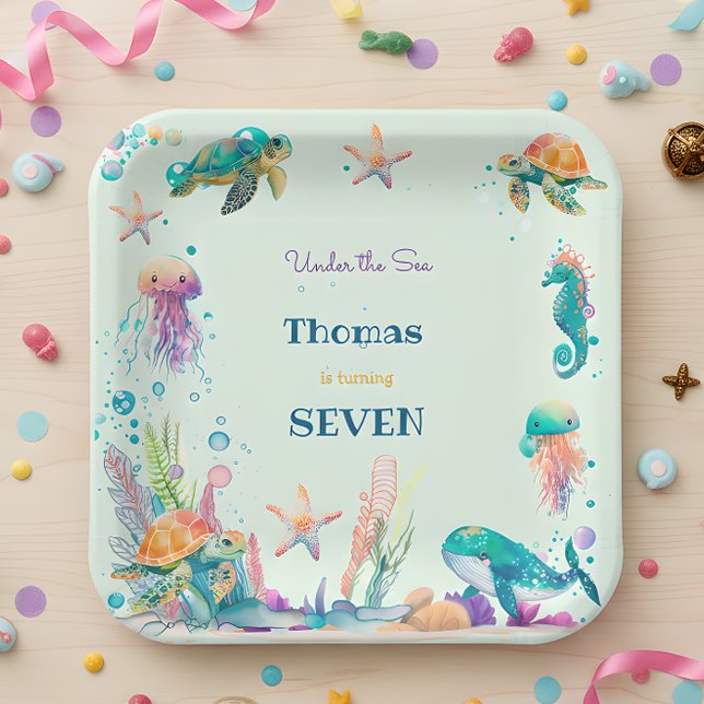 Assiettes En Carton Aquarelle sous l'anniversaire de enfant marin (Créateur téléchargé)
