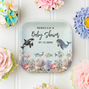 Assiettes En Carton Aquarelle sous le Baby shower neutre