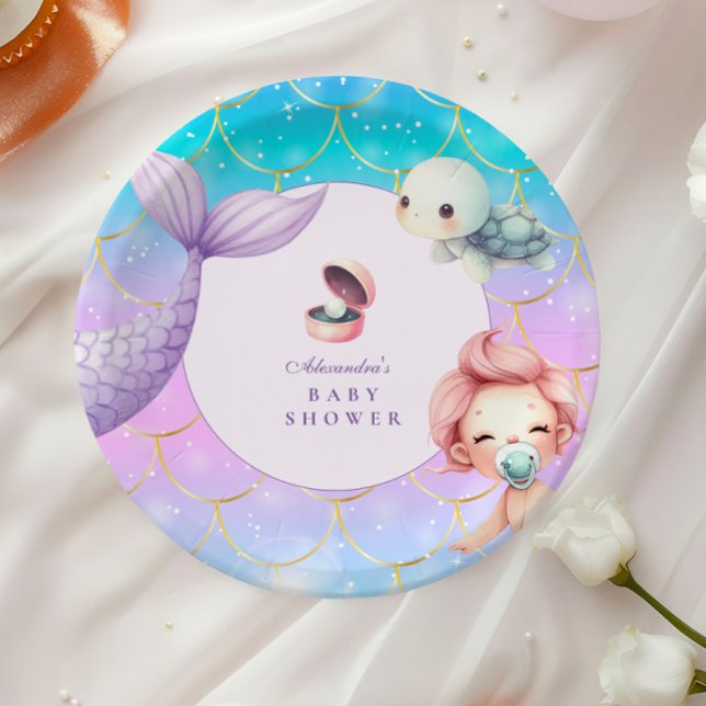 Assiettes En Carton Aquarelle Sous Le Baby shower Sea Little Pearl (Créateur téléchargé)
