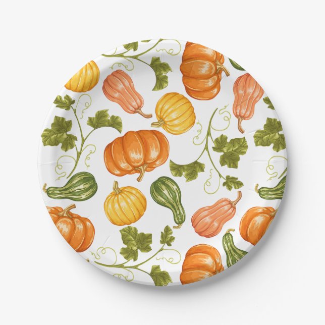 Assiettes En Carton Aquarelle Squash, Citrouille et Motif Feuille (Devant)