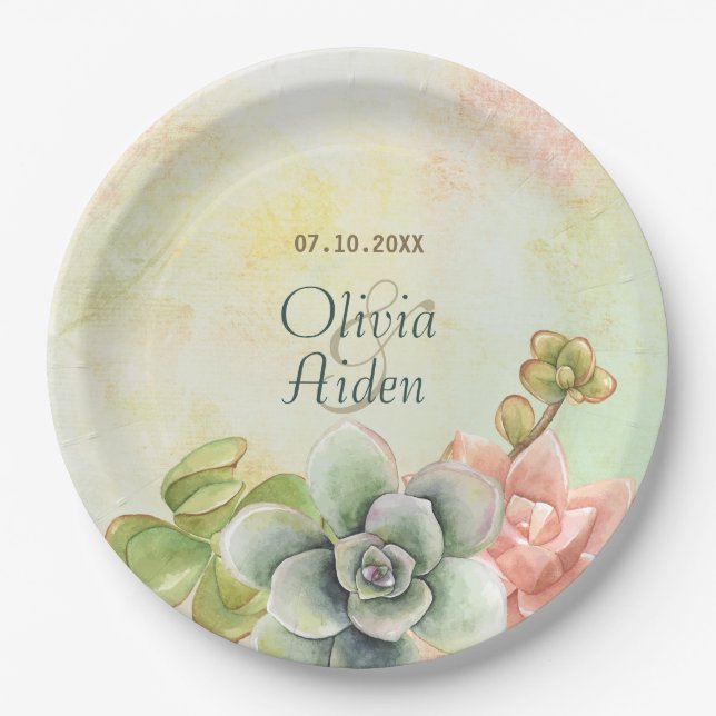 Assiettes En Carton Aquarelle Succulente Plaques de papier Mariage Flo (Devant)