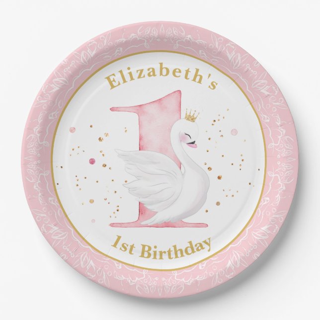 Assiettes En Carton Aquarelle Swan Princesse 1er Anniversaire Plaque P (Devant)
