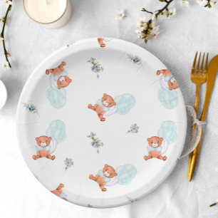 Assiettes En Carton Aquarelle Teddy Bear Balloon Baby shower garçon