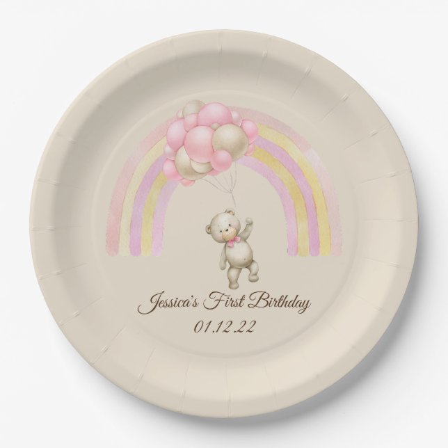 Assiettes En Carton Aquarelle Teddy Bear Premier Anniversaire Plaques  (Devant)