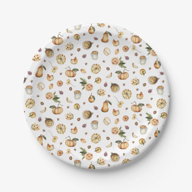 Assiettes En Carton Aquarelle Thanksgiving Chute Aliments Citrouilles (Devant)