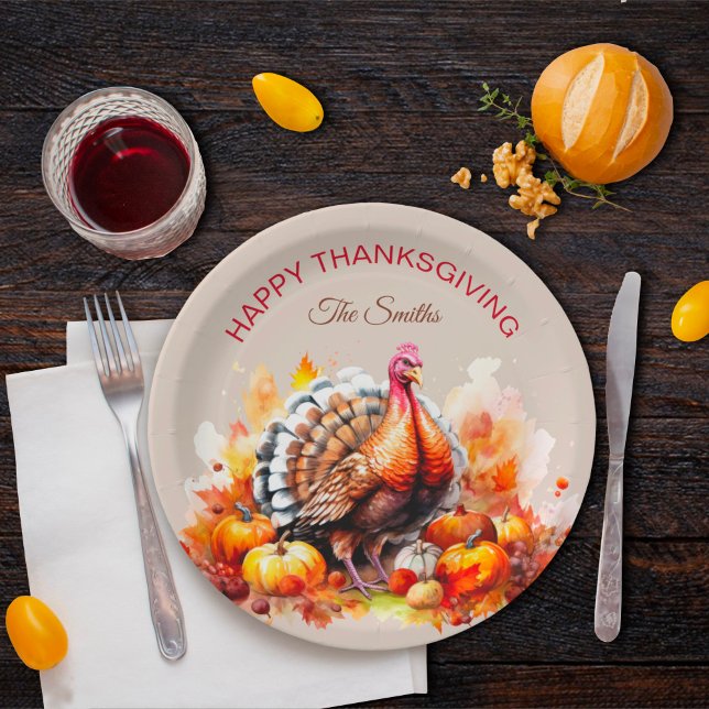 Assiettes En Carton Aquarelle Thanksgiving Turquie et Citrouilles (Créateur téléchargé)
