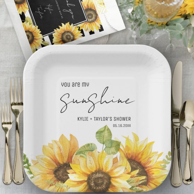 Assiettes En Carton Aquarelle Tournesol Mariage Douche Noir & Blanc (Créateur téléchargé)