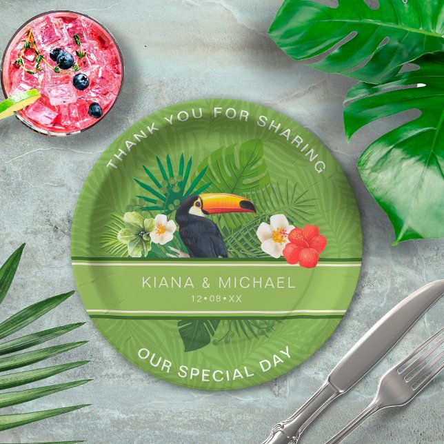Assiettes En Carton Aquarelle Tropical avec Merci Toucan Green ID577 (Créateur téléchargé)