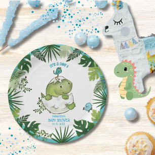 Assiettes En Carton Aquarelle Tropical Feuilles Dino Baby shower Plaqu