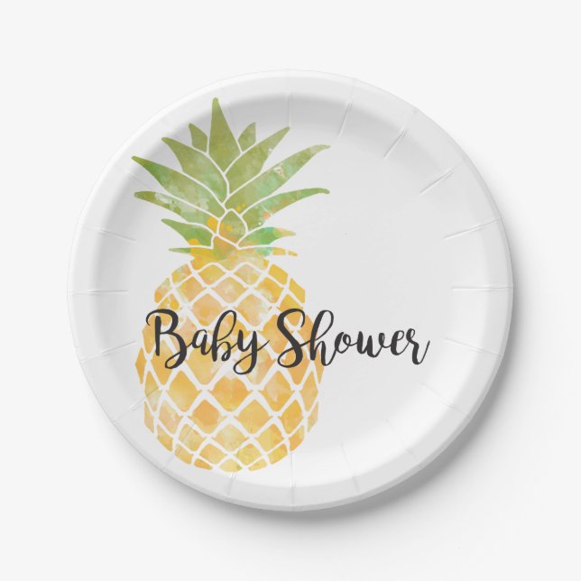 Assiettes En Carton Aquarelle tropicale Baby shower d'ananas jaune (Devant)