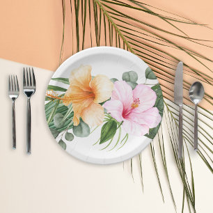 Assiettes En Carton Aquarelle tropicale de l'Hibiscus orange et roseFl