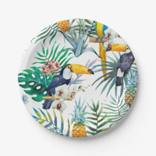 Assiettes En Carton Aquarelle tropicale estivale de Perroquet d'ananas