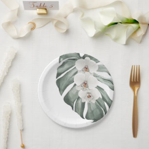 Assiettes En Carton Aquarelle tropicale exotique Orchidées blanches