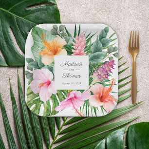 Assiettes En Carton Aquarelle tropicale luxuriante florale avec des no