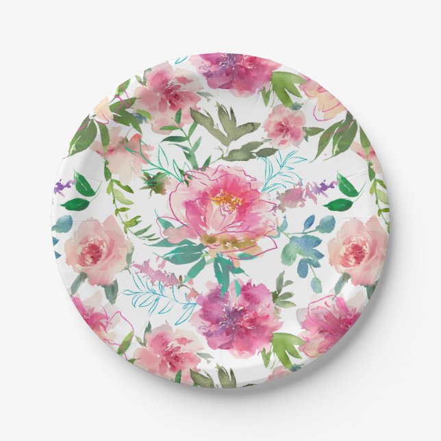 Assiettes En Carton Aquarelle tropicale Mariage de Pic rose floral (Devant)