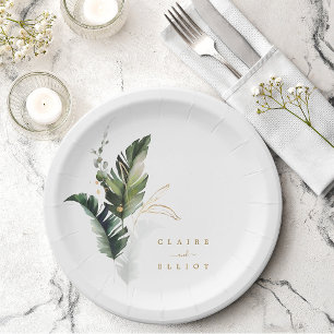 Assiettes En Carton Aquarelle tropicale Mariage or de feuillage