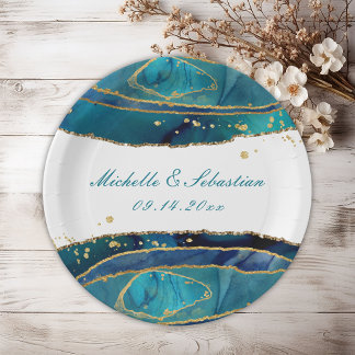 Assiettes En Carton Aquarelle turquoise Gold Agate Réception de mariag