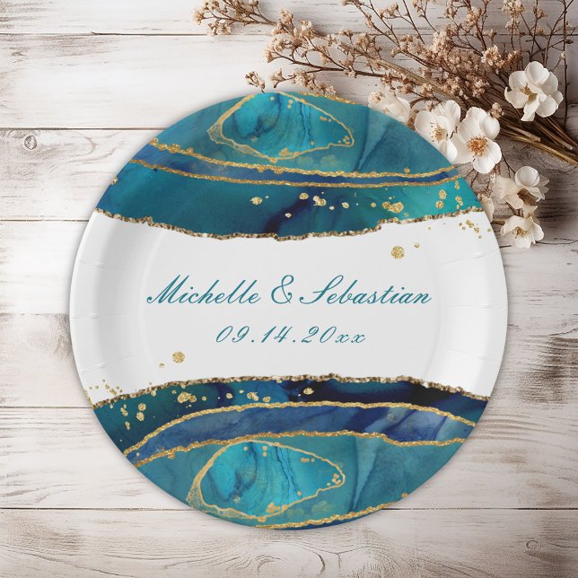 Assiettes En Carton Aquarelle turquoise Gold Agate Réception de mariag (Teal Watercolor Gold Agate Wedding Reception Paper Plates
)