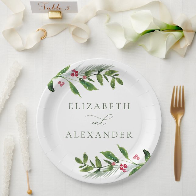 Assiettes En Carton Aquarelle Végétation hivernale Noël moderne (Mariage)