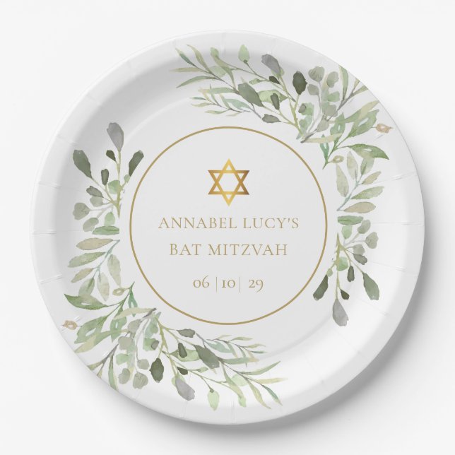 Assiettes En Carton Aquarelle Verdure Bat mitzvah, Bar Mitzvah (Devant)