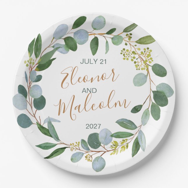 Assiettes En Carton Aquarelle verdure couronne, eucalyptus Mariage (Devant)
