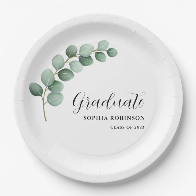 Assiettes En Carton Aquarelle Verdure Eucalyptus Graduation Party (Devant)