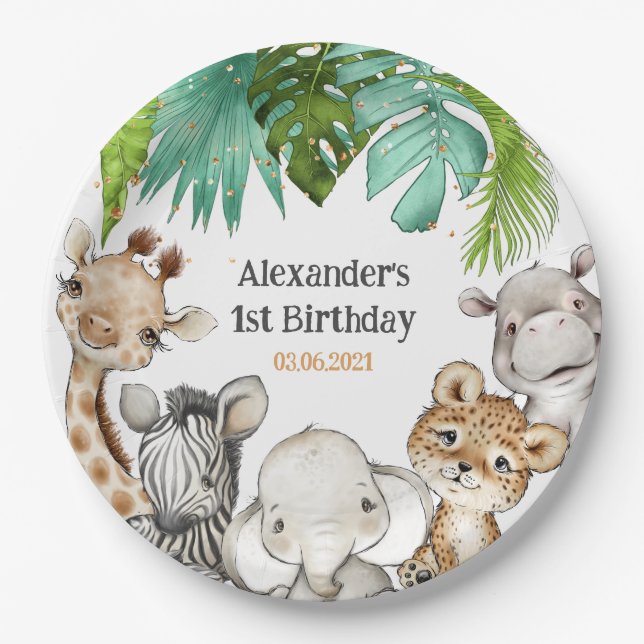 Assiettes En Carton Aquarelle Verdure Safari Animaux Anniversaire (Devant)