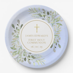Assiettes En Carton Aquarelle Vert Bleu Première Sainte Communion