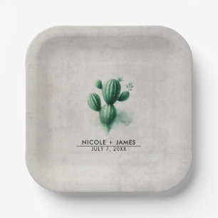 Assiettes En Carton Aquarelle Vert Cactus Mariage sud-ouest