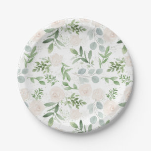 Assiettes En Carton Aquarelle vert et fleurs blanches Motif
