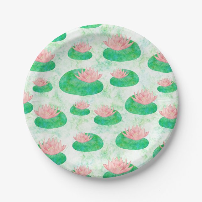 Assiettes En Carton Aquarelle Vert Lys rose rose Lotus Floral (Devant)