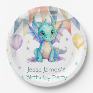 Assiettes En Carton Aquarelle vert violet dragon garçon fête d'anniver