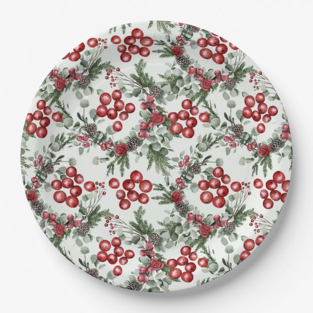 Assiettes En Carton Aquarelle verte Berries rouges Motif de Noël (Devant)