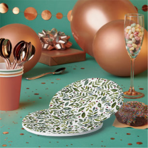 Assiettes En Carton Aquarelle verte branches saisonnières et baies