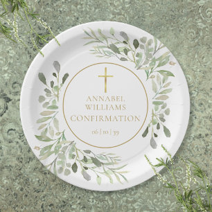 Assiettes En Carton Aquarelle verte Floral Gold Confirmation