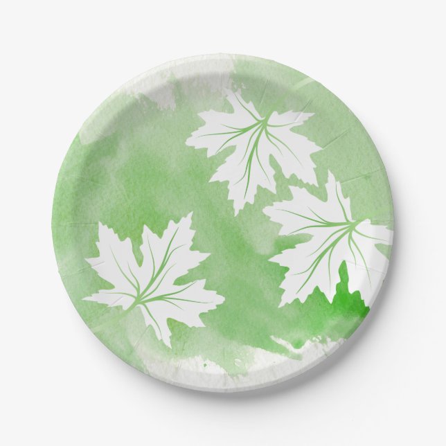 Assiettes En Carton Aquarelle verte moderne et feuilles d'érable (Devant)