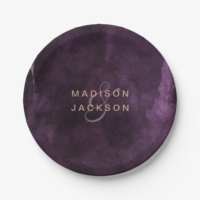 Assiettes En Carton Aquarelle violet foncé Rose or Mariage Monogramme (Devant)