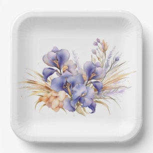 Assiettes En Carton Aquarelle violet Iris Bouquet