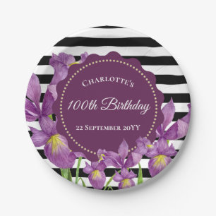 Assiettes En Carton Aquarelle violet Iris Floral Noir Blancs