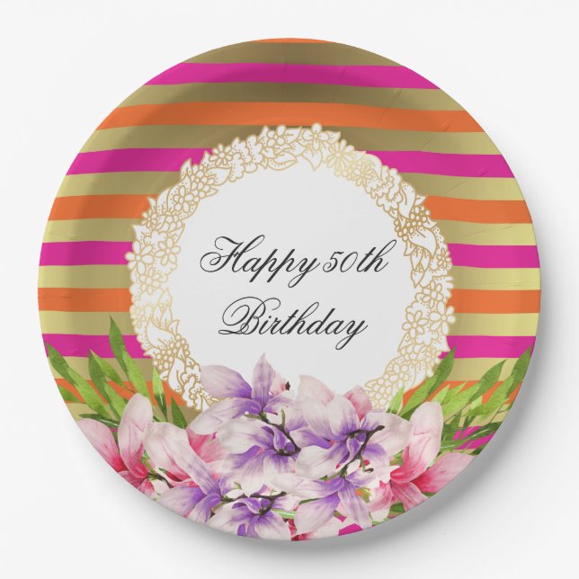 Assiettes En Carton Aquarelle violette et rose Magnolia Anniversaire (Devant)