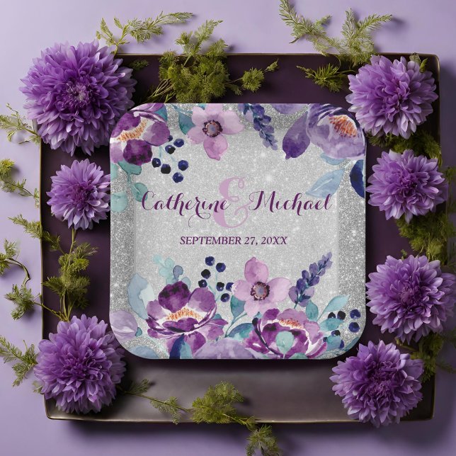 Assiettes En Carton Aquarelle violette Floral et Mariage Parties scint (Créateur téléchargé)