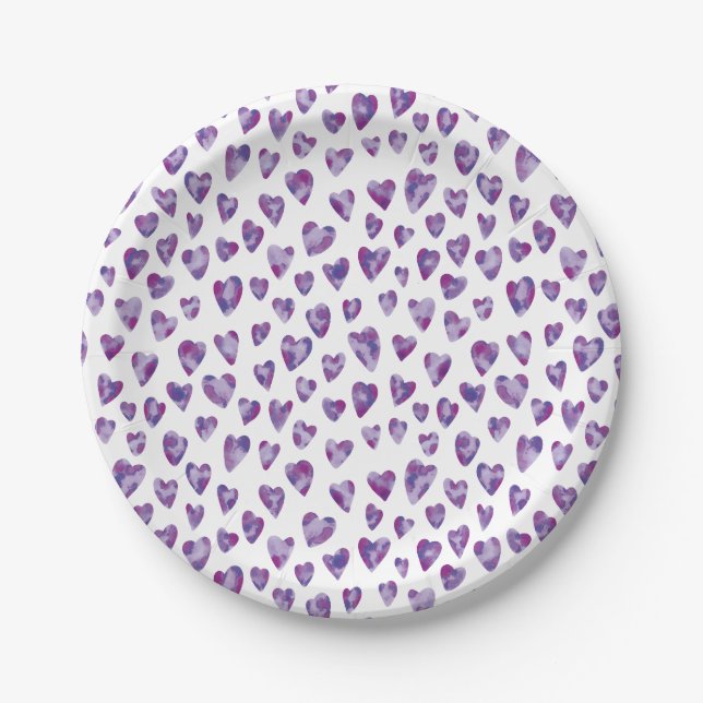 Assiettes En Carton Aquarelle violette Motif de coeur d'amour (Devant)
