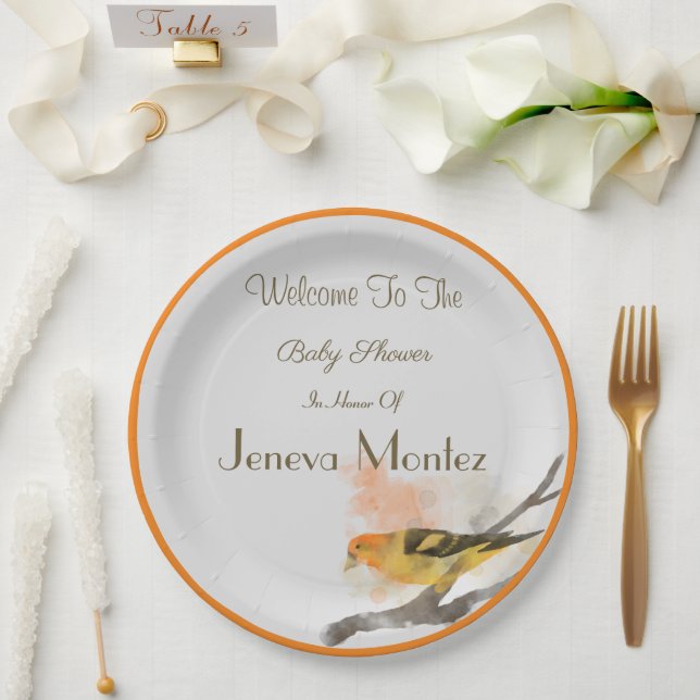 Assiettes En Carton Aquarelle Western Tanager Branche des oiseaux jaun (Mariage)