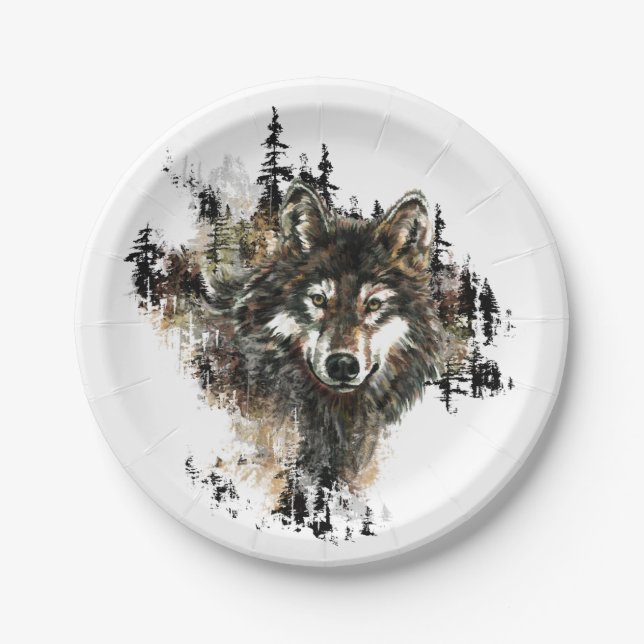 Assiettes En Carton Aquarelle Wolf Mountain Art animal (Devant)