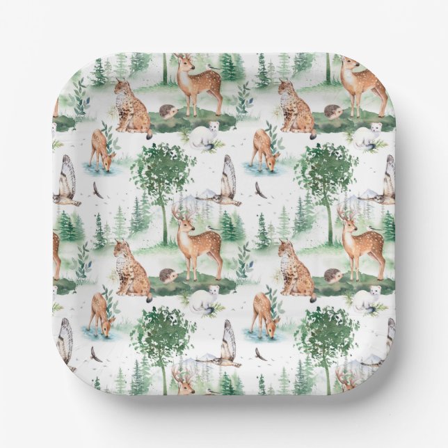 Assiettes En Carton Aquarelle Woodland Baby Motif animal (Recto)