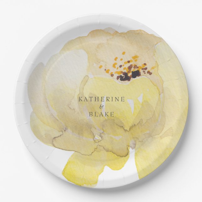 Assiettes En Carton Aquarelle Yellow Peony Names Mariage (Devant)