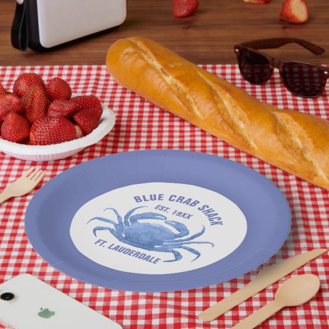 Assiettes En Carton Aquarelles Crabe bleu Illustration Texte personnal (Pique-nique)