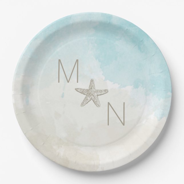 Assiettes En Carton Aquarelles de plage avec étoiles de mer (Devant)