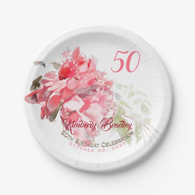 Assiettes En Carton Aquarelles Peony originales 50e fête d'anniversair (Devant)